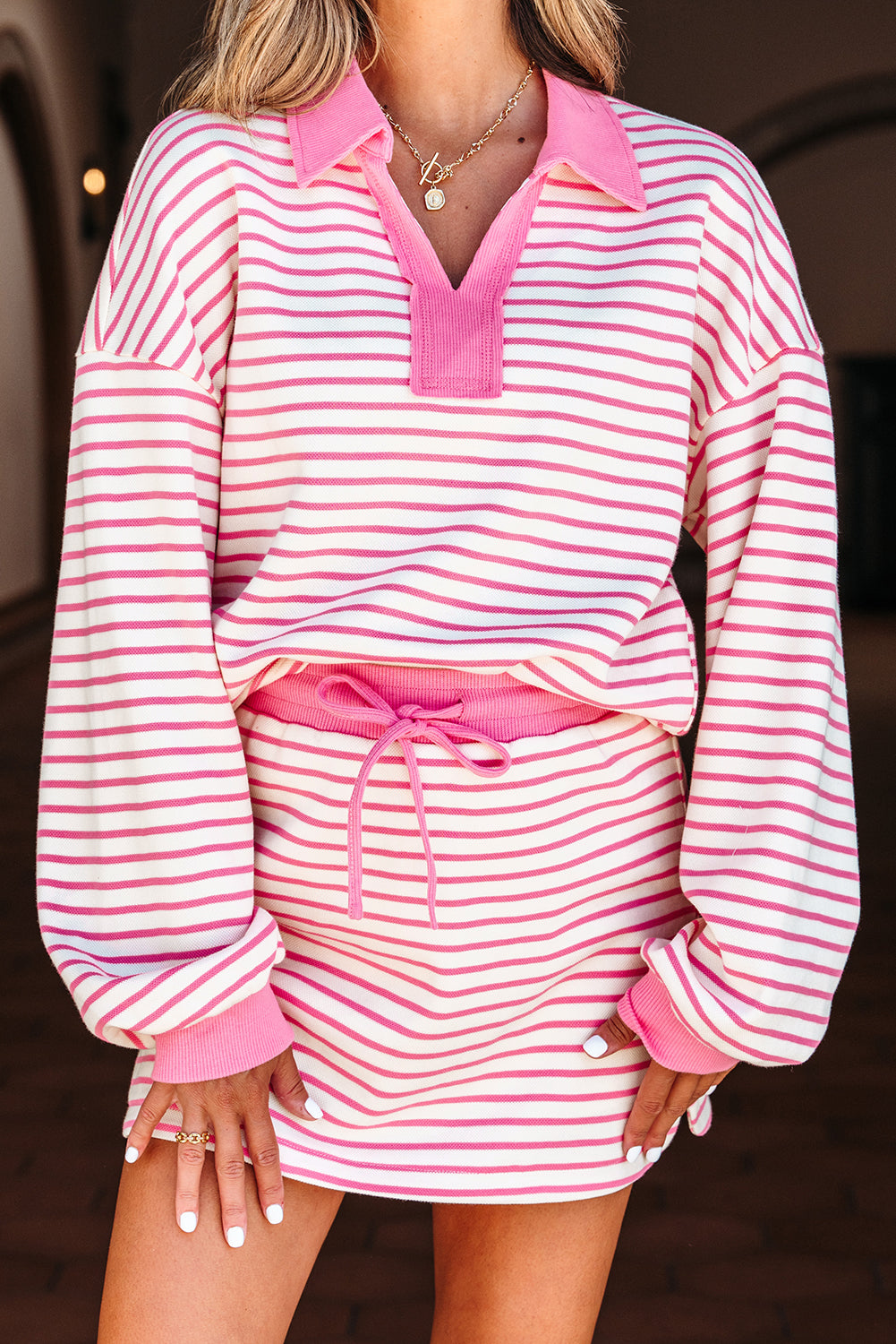 Stripe Collared V-Neck Pullover and Skort Set