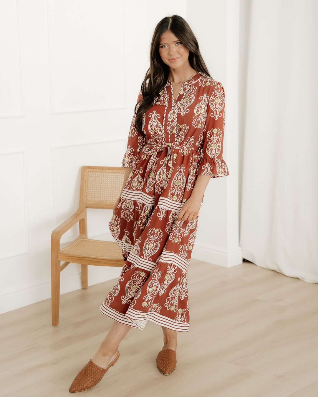 Harmony Floral Print Belted Striped Trim Tiered Maxi Dress