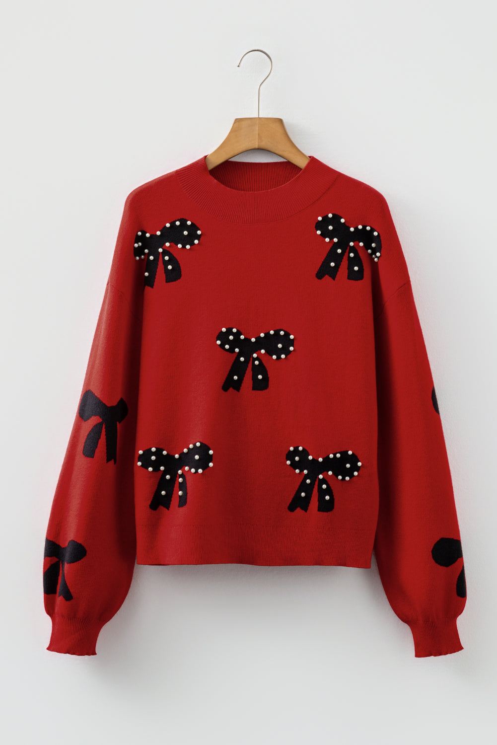 Bow Pearl Embellished Drop Shoulder Sweater