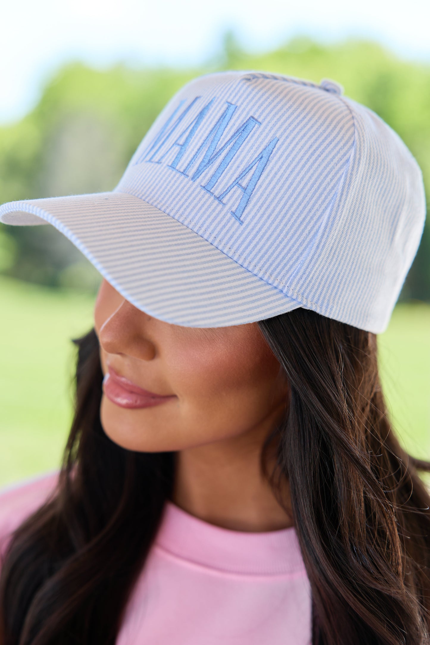 Blue Striped Mama Trucker Hat