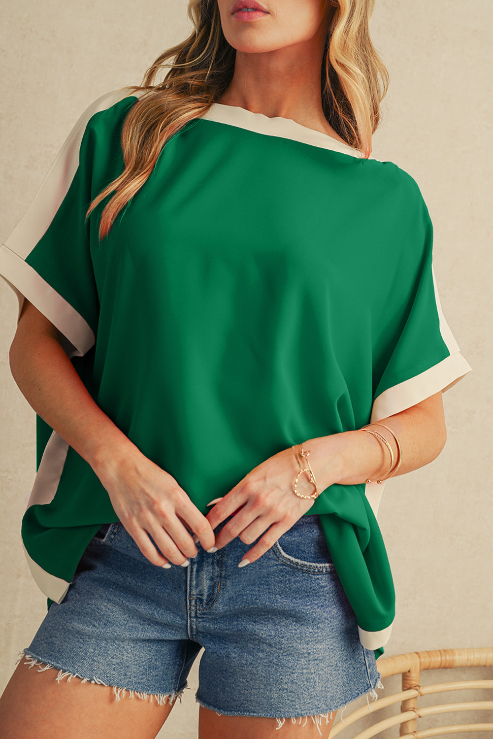 Color Block Boat Neck Tunic Blouse