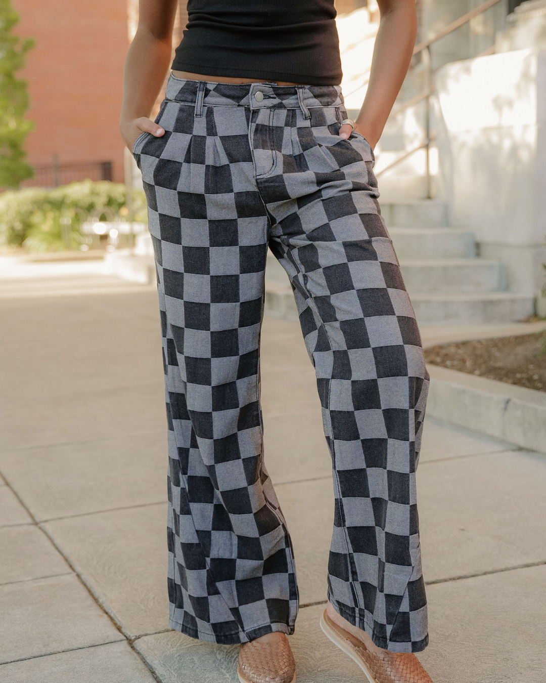 Naomi Checkered Denim Wide Leg Jeans