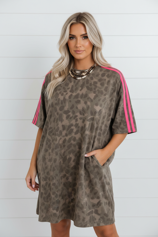 Leopard Contrast Stripe Mini T-Shirt Dress w/ Pockets