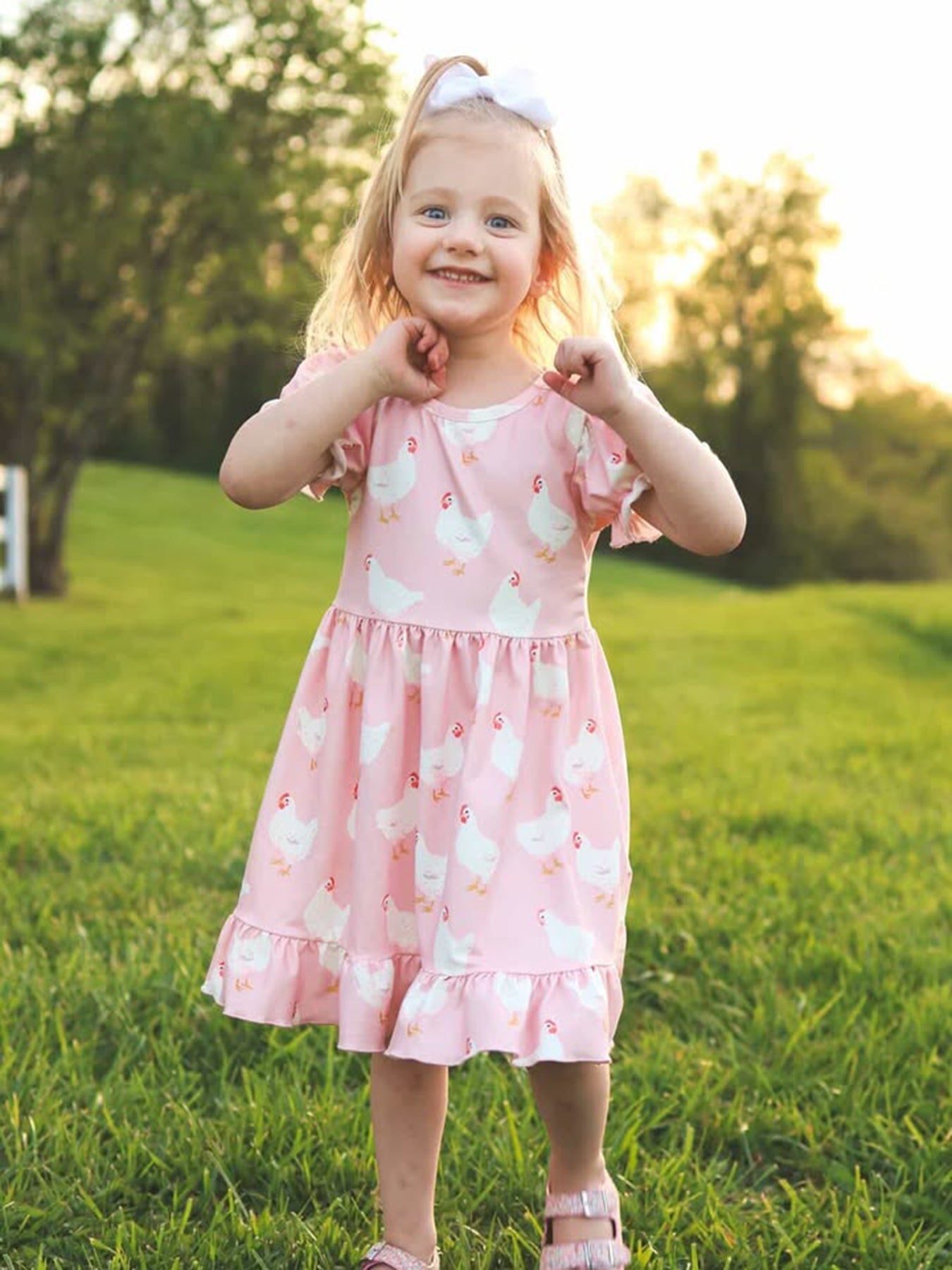 Farm Chicken Print Girls Ruffle Dress