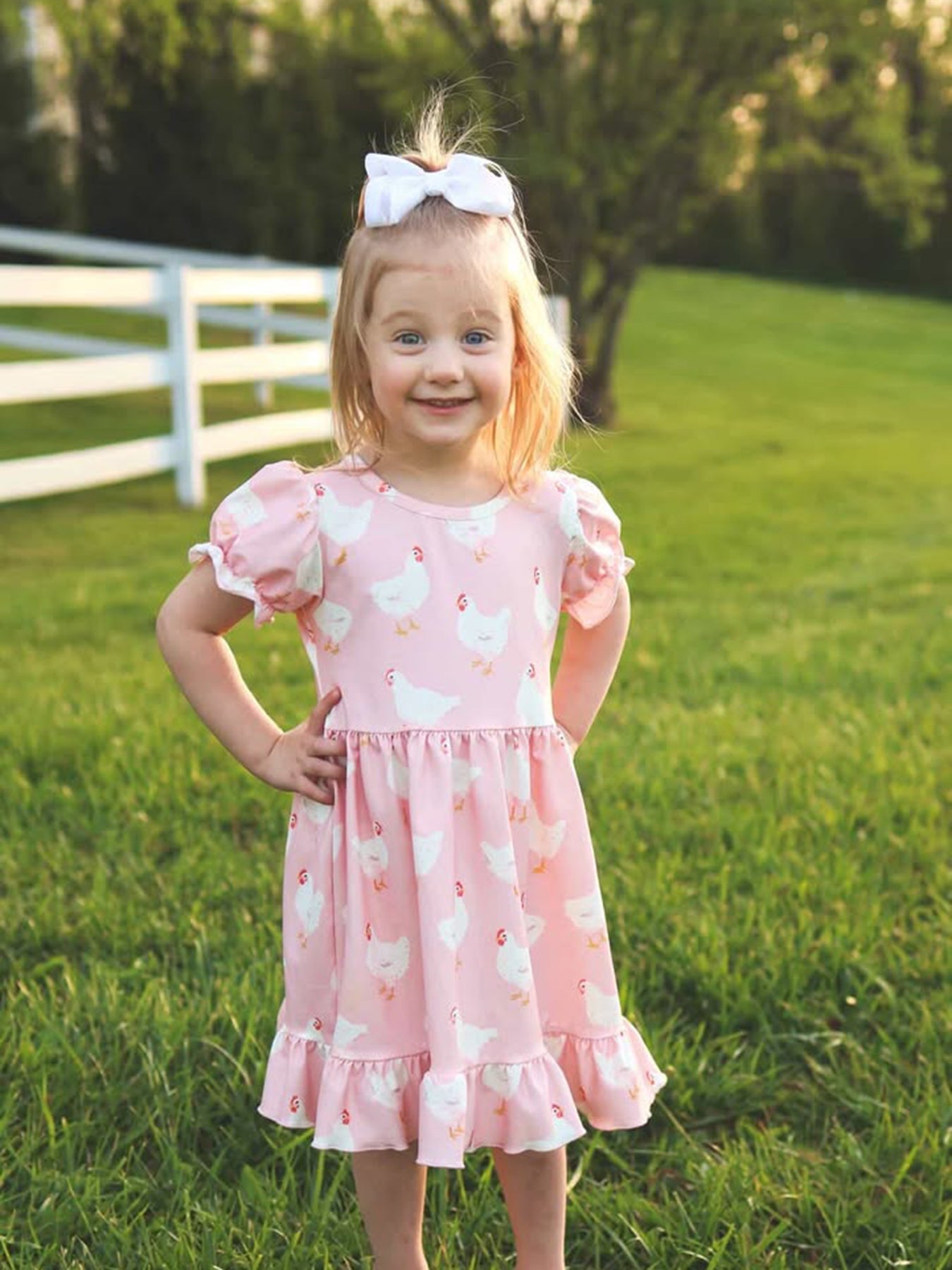 Farm Chicken Print Girls Ruffle Dress