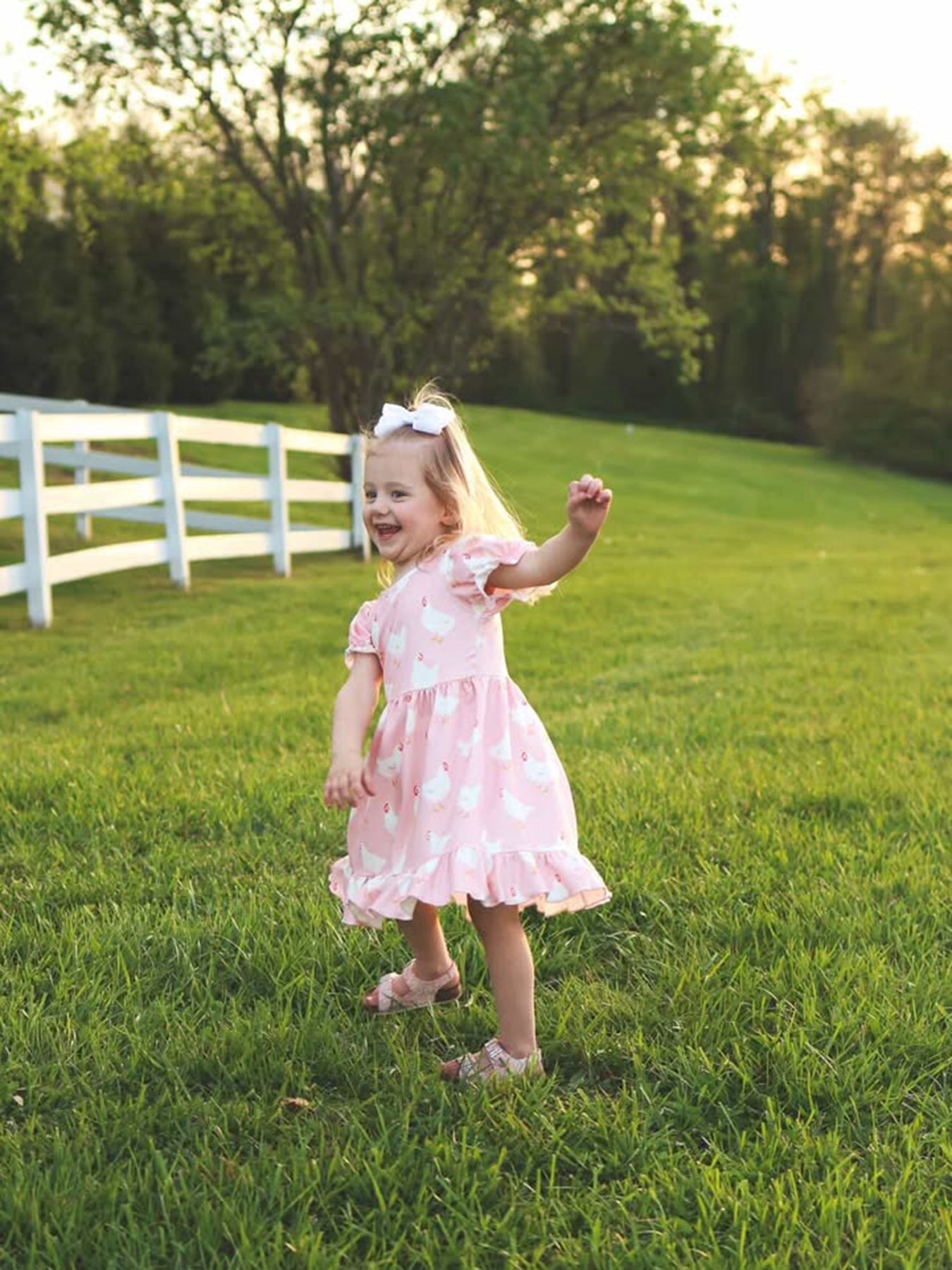 Farm Chicken Print Girls Ruffle Dress
