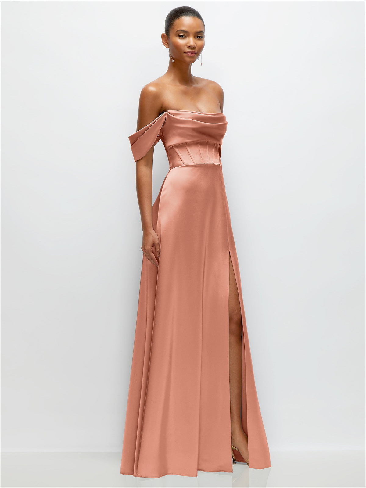 A-Line Satin Maxi Dress with Convertible Off-the-Shoulder or Strapless Looks
