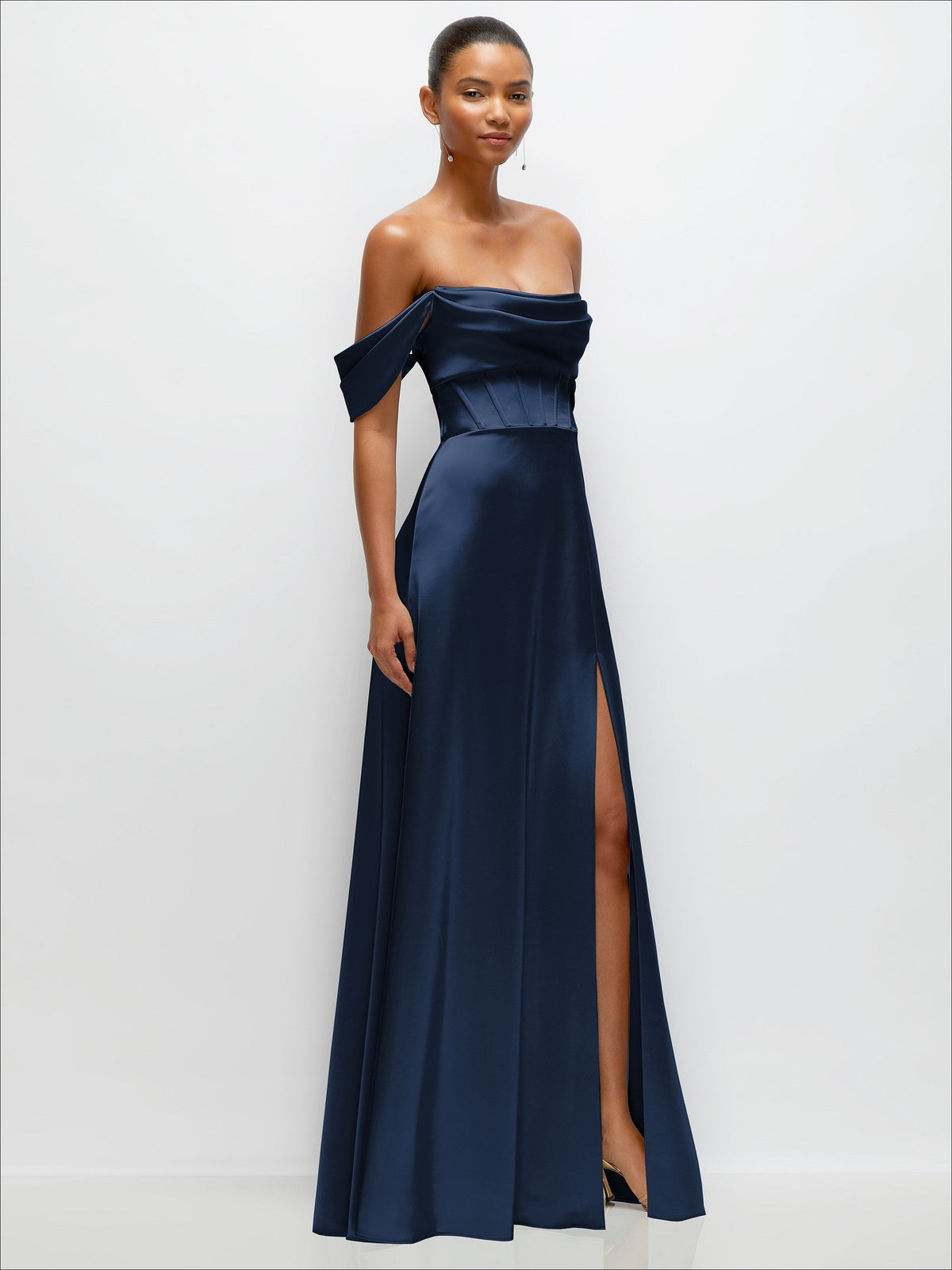 A-Line Satin Maxi Dress with Convertible Off-the-Shoulder or Strapless Looks