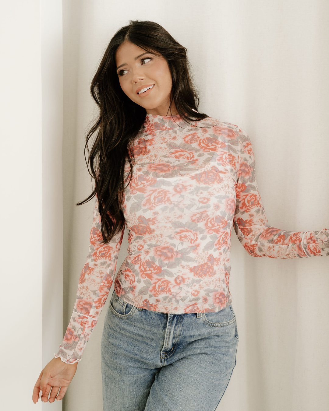 Ophelia Floral Print Mock Neck Mesh Long Sleeve Top