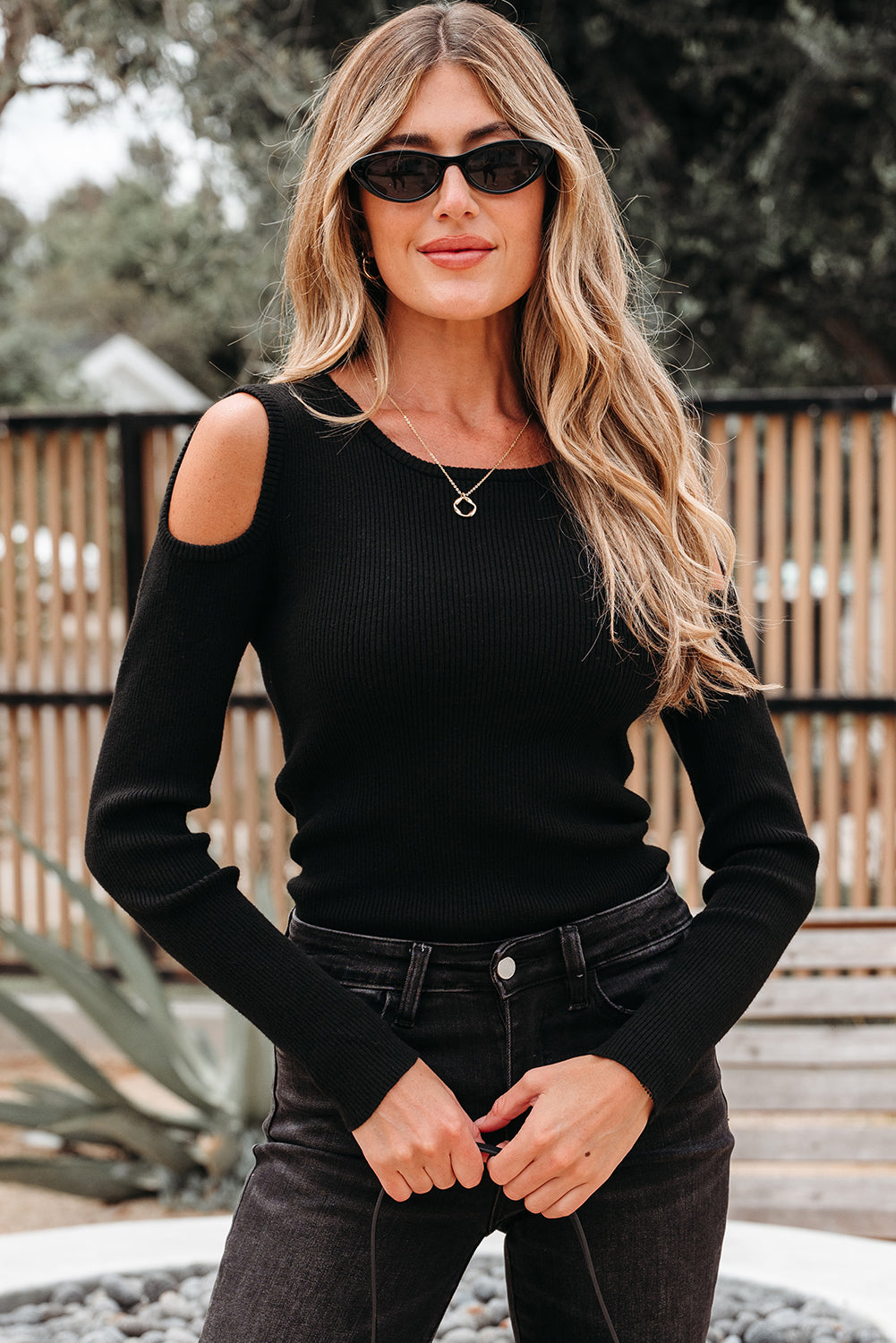 Amaya Ribbed Knit Cold Shoulder Sweater