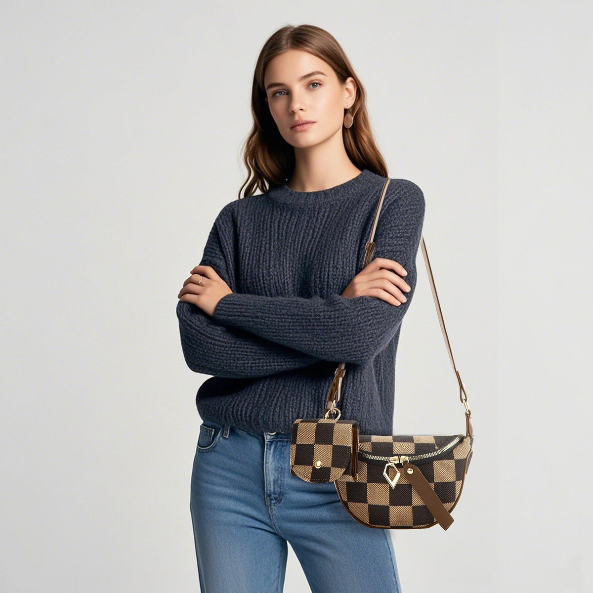 Small Crossbody Bag – Versatile Commute with Checkerboard Canvas