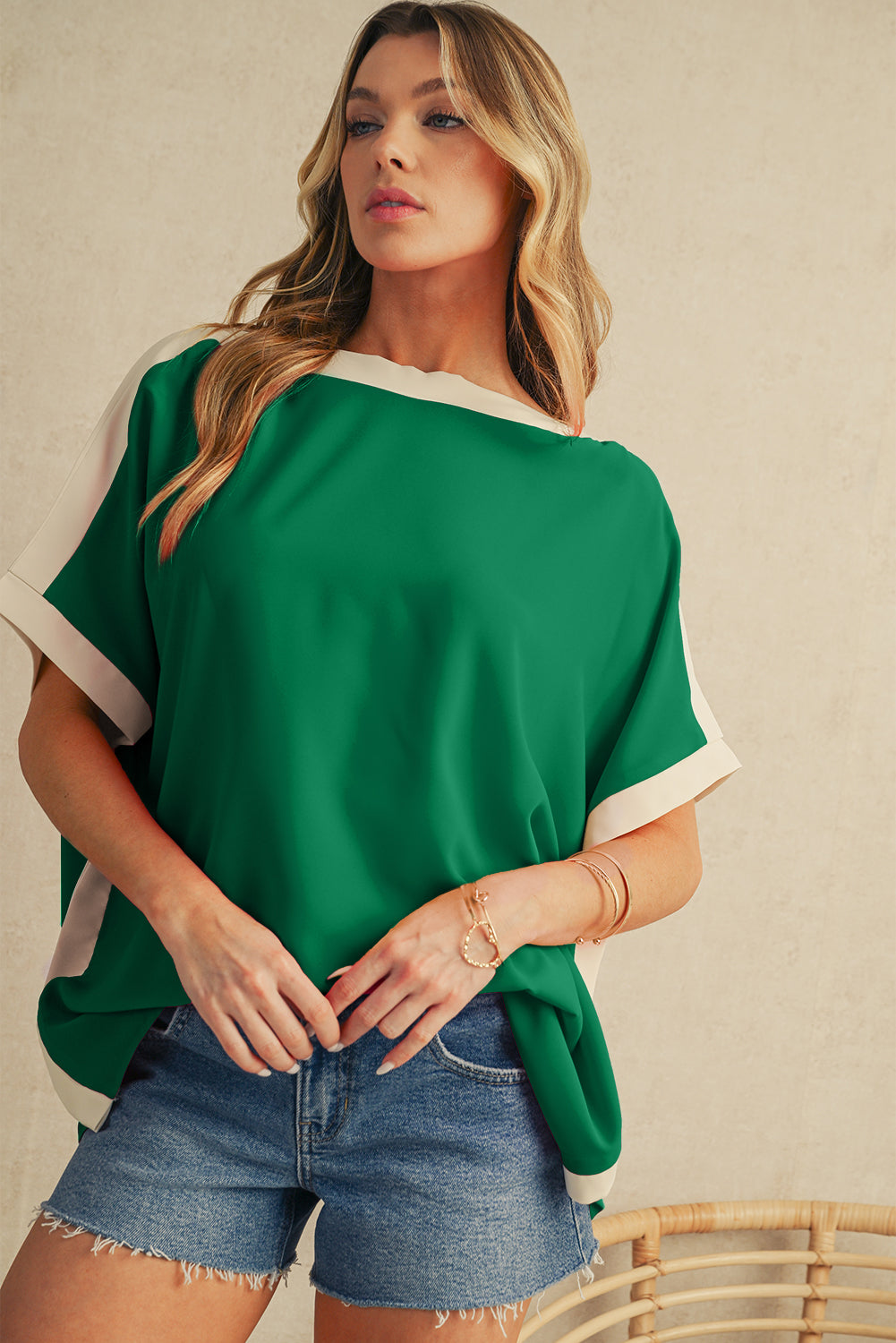 Color Block Boat Neck Tunic Blouse