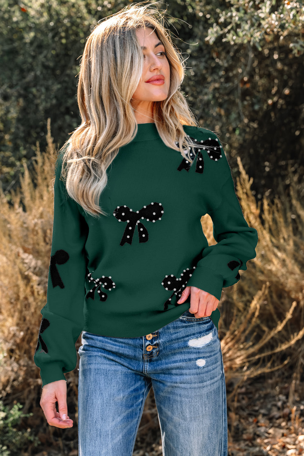 Bow Pearl Embellished Drop Shoulder Sweater