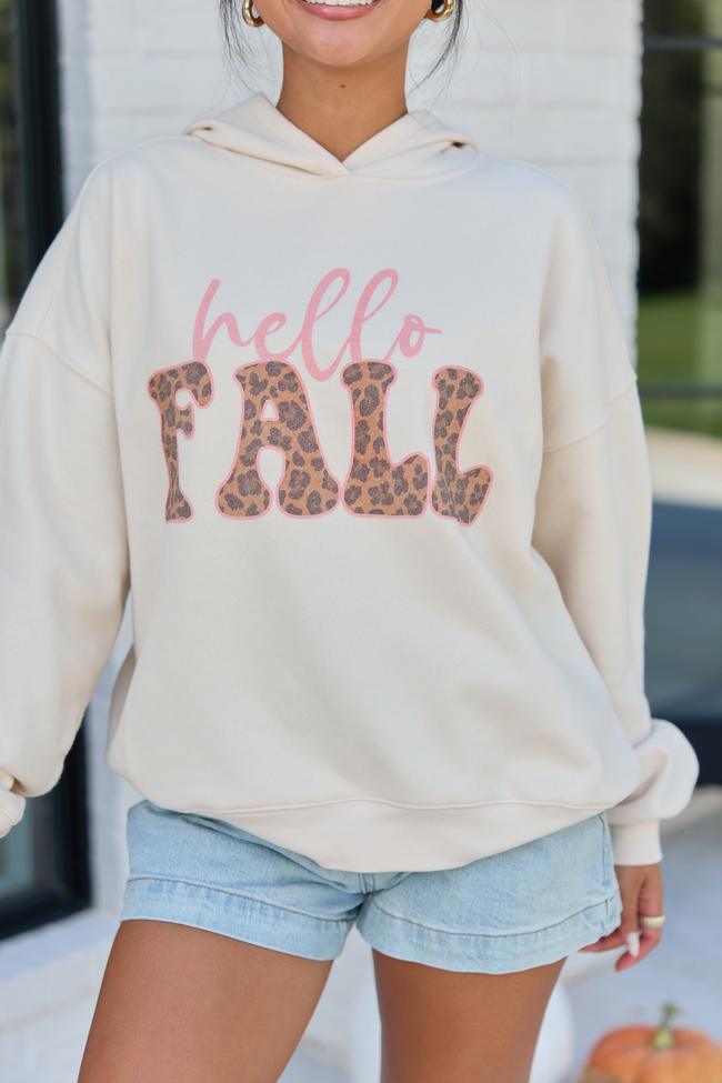 Hello Fall Leopard Cream Graphic Hoodie