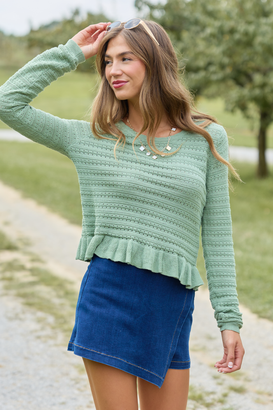 Charlotte Sage Open Knit Ruffle Trim Sweater