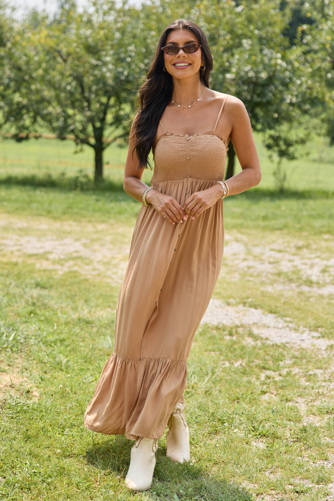 Blooming Beauty Solid Button Up Midi Dress Taupe