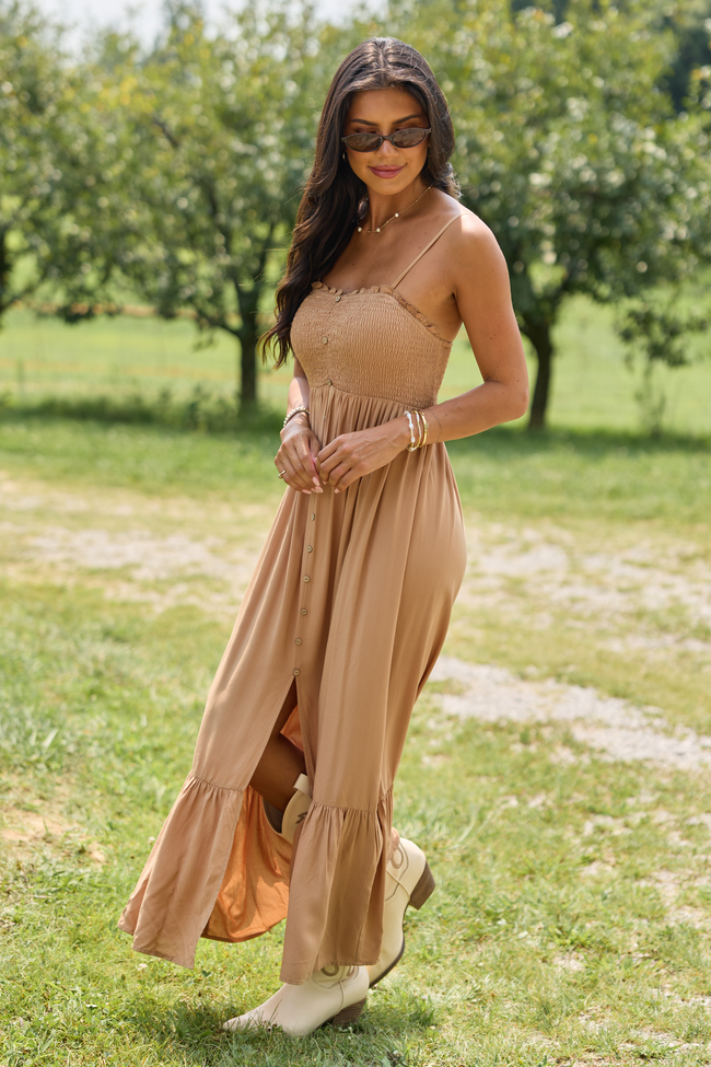 Blooming Beauty Solid Button Up Midi Dress Taupe
