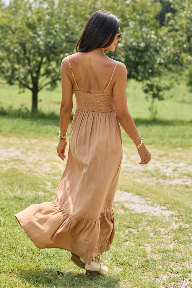 Blooming Beauty Solid Button Up Midi Dress Taupe