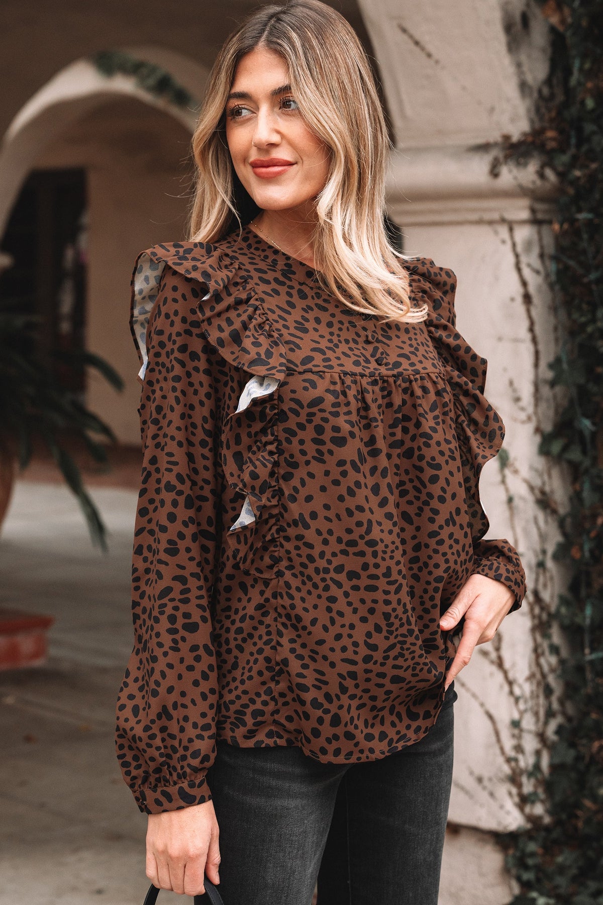 Leopard Ruffle Puff Sleeve Blouse