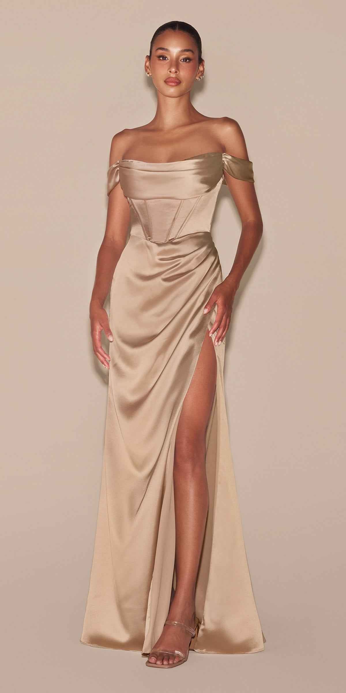 Satin Off the Shoulder Corset Satin Gown
