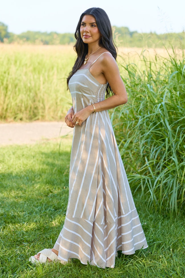 Come Sail Away Neutral Striped Maxi Dress