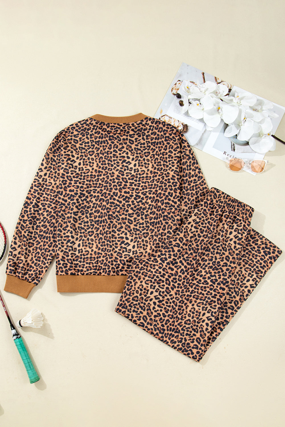 Leopard Bow Embroidered Pullover and Pants Set