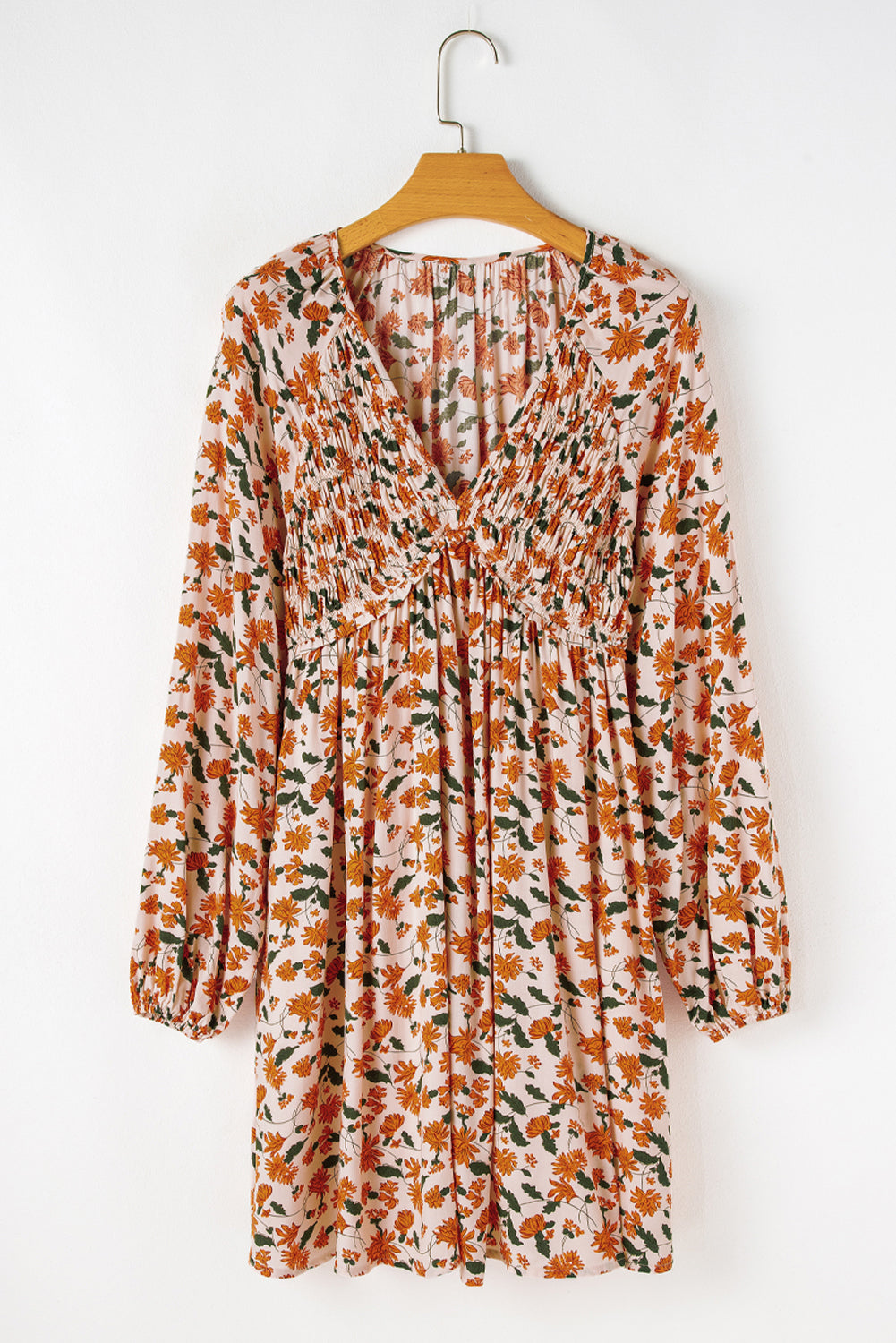 Floral Smocked V-Neck Bubble Sleeve Babydoll Dress