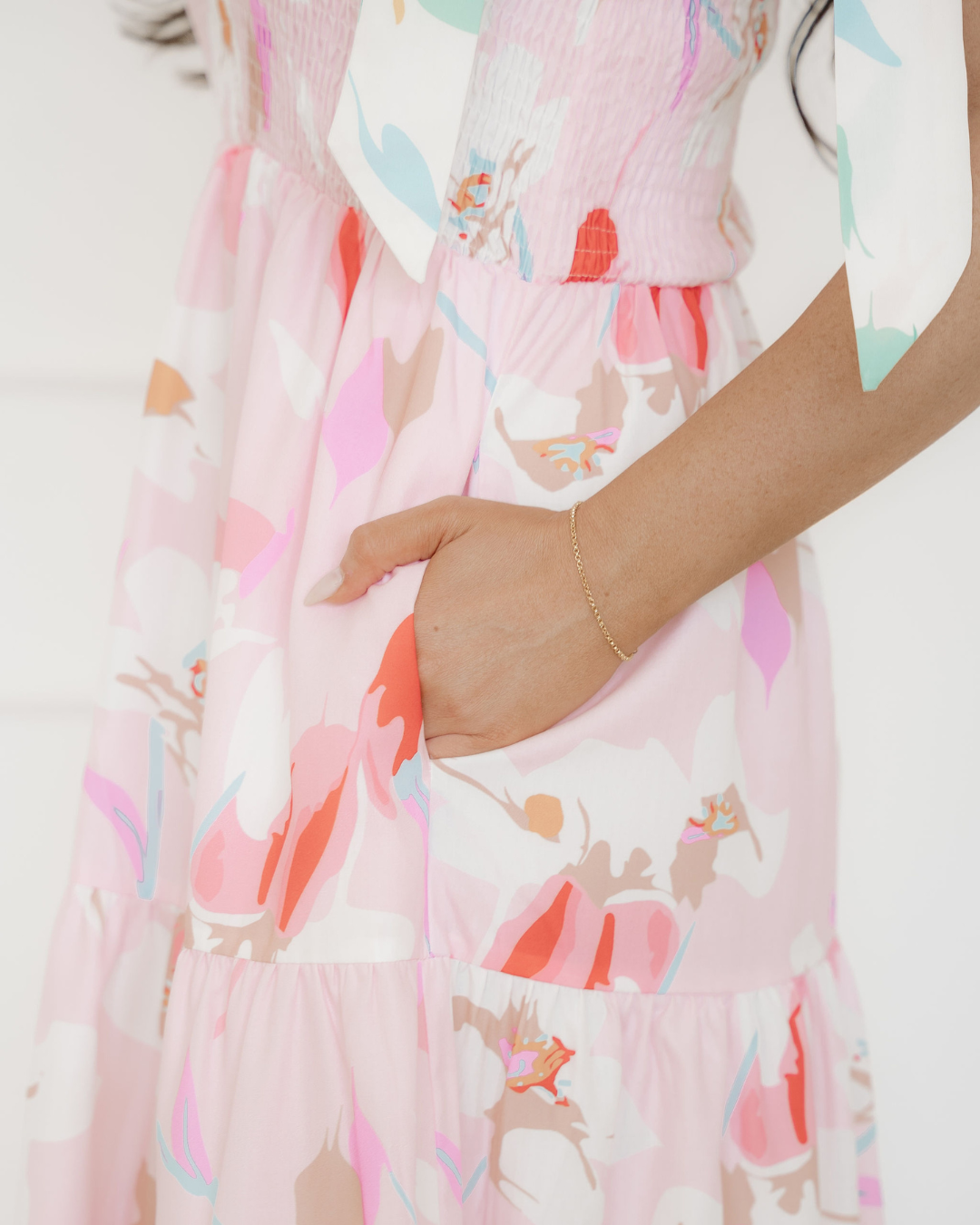 Sunshine Floral Print Knotted Shoulder Smocked Maxi Dress