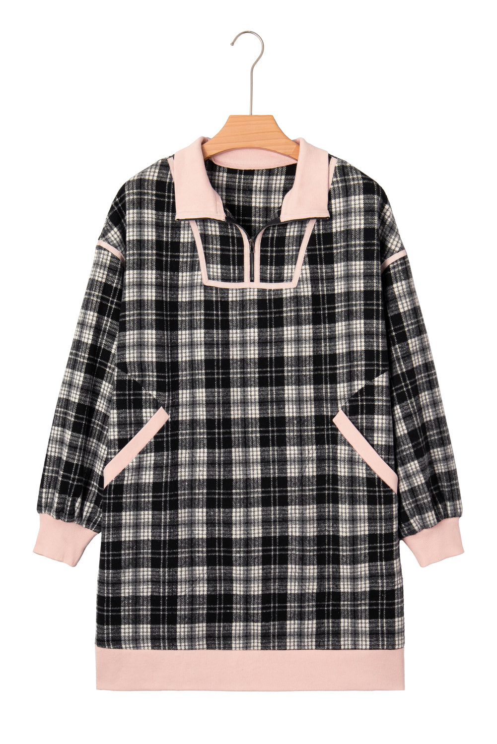 Black Plaid Polo Collar Zip up Mini Dress