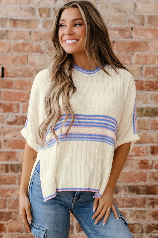 Stripe Ribbed Dolman Sleeve V-Neck Sweater