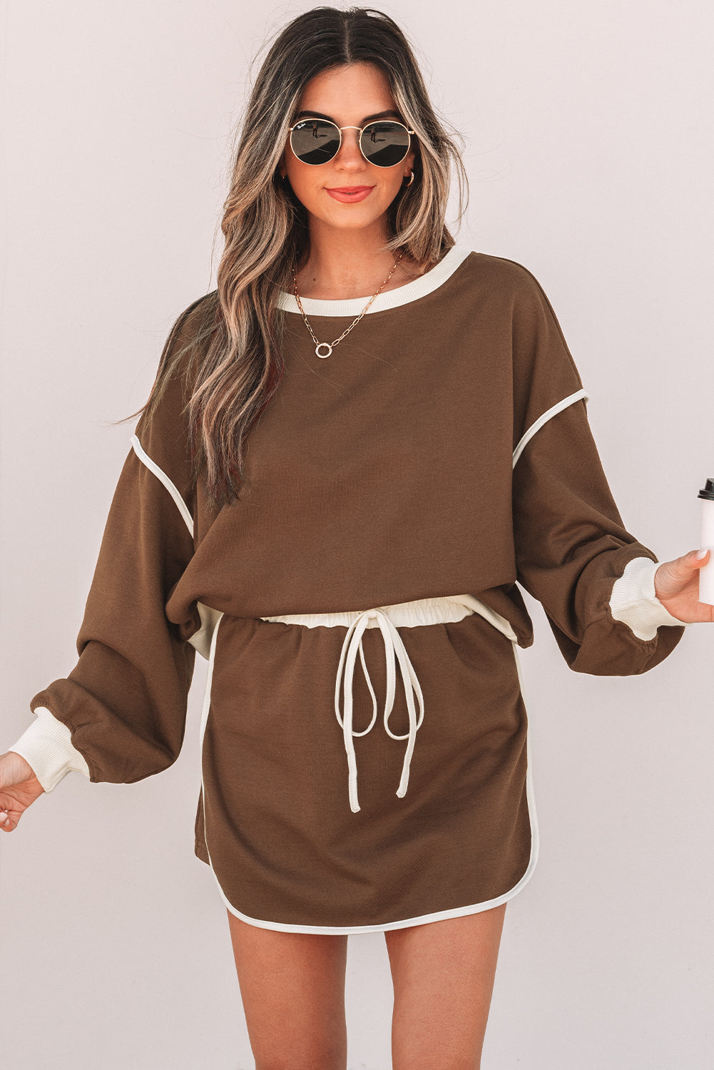 Violeta Loose Pullover and Lace-up Waist Skort Set