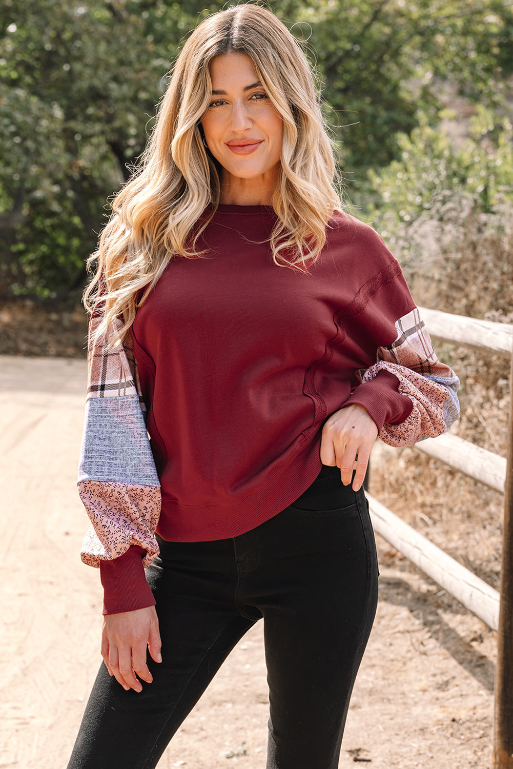 Plaid Patchwork Long Sleeve Raw Seam Sweatshirt