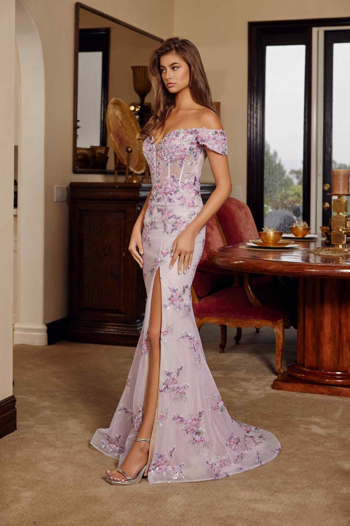 Off Shoulder Silhouette Embroidered Bodice Prom Gown