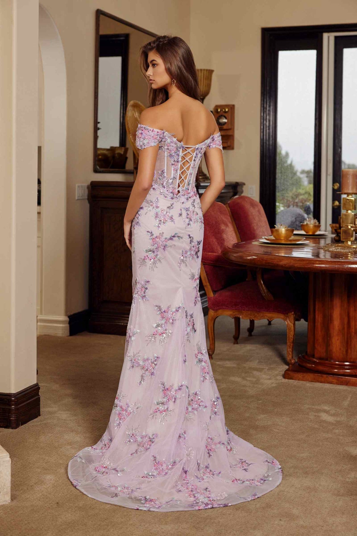 Off Shoulder Silhouette Embroidered Bodice Prom Gown