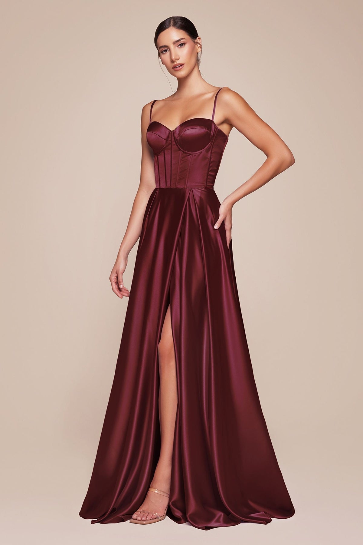 Long A-Line Slit Satin Bustier Dress