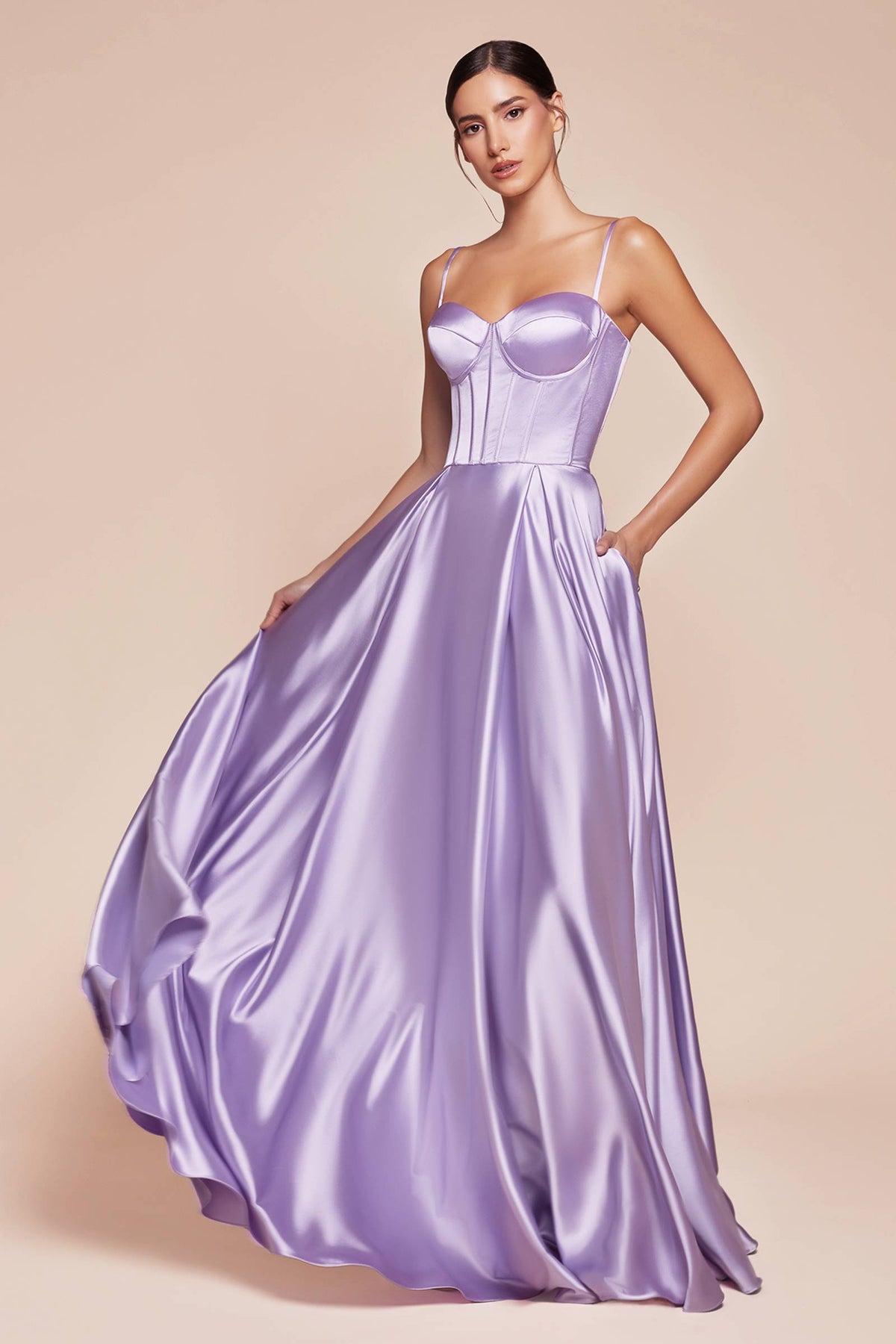 Long A-Line Slit Satin Bustier Dress