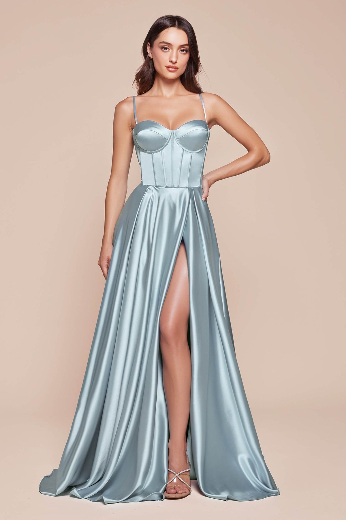 Long A-Line Slit Satin Bustier Dress
