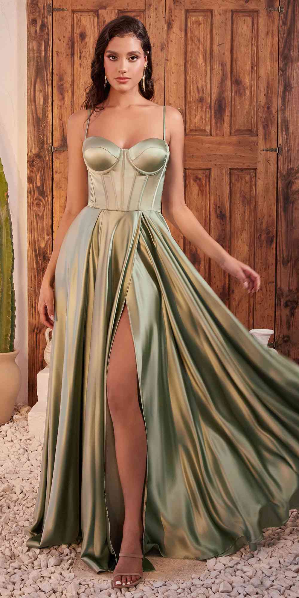 Long A-Line Slit Satin Bustier Dress