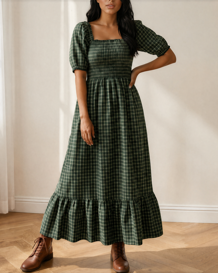Daisy Plaid Square Neck Shirred High Waist Ruffle Hem Dress