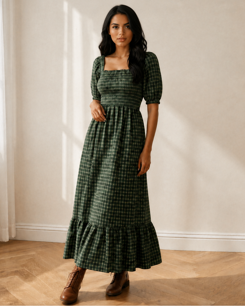 Daisy Plaid Square Neck Shirred High Waist Ruffle Hem Dress