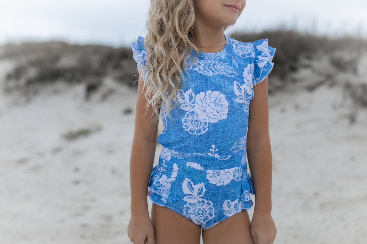 Grace Denim Floral Open Back One Piece Swimsuit