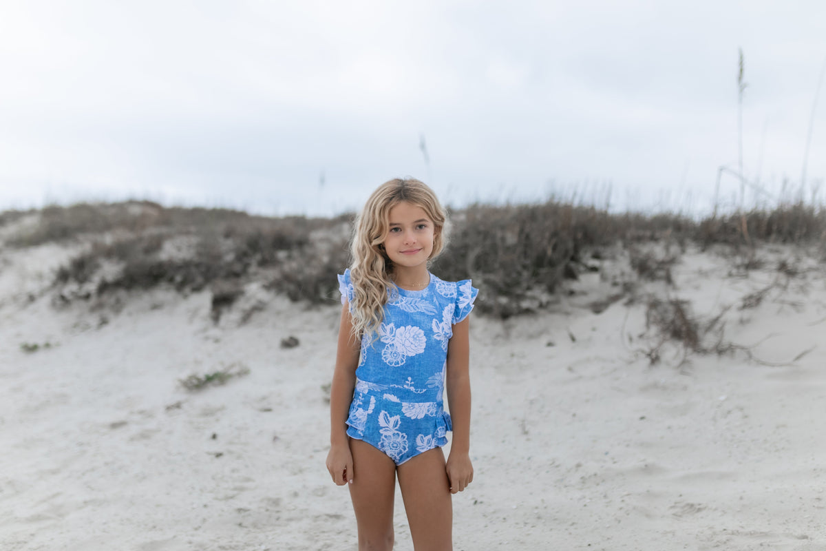 Grace Denim Floral Open Back One Piece Swimsuit