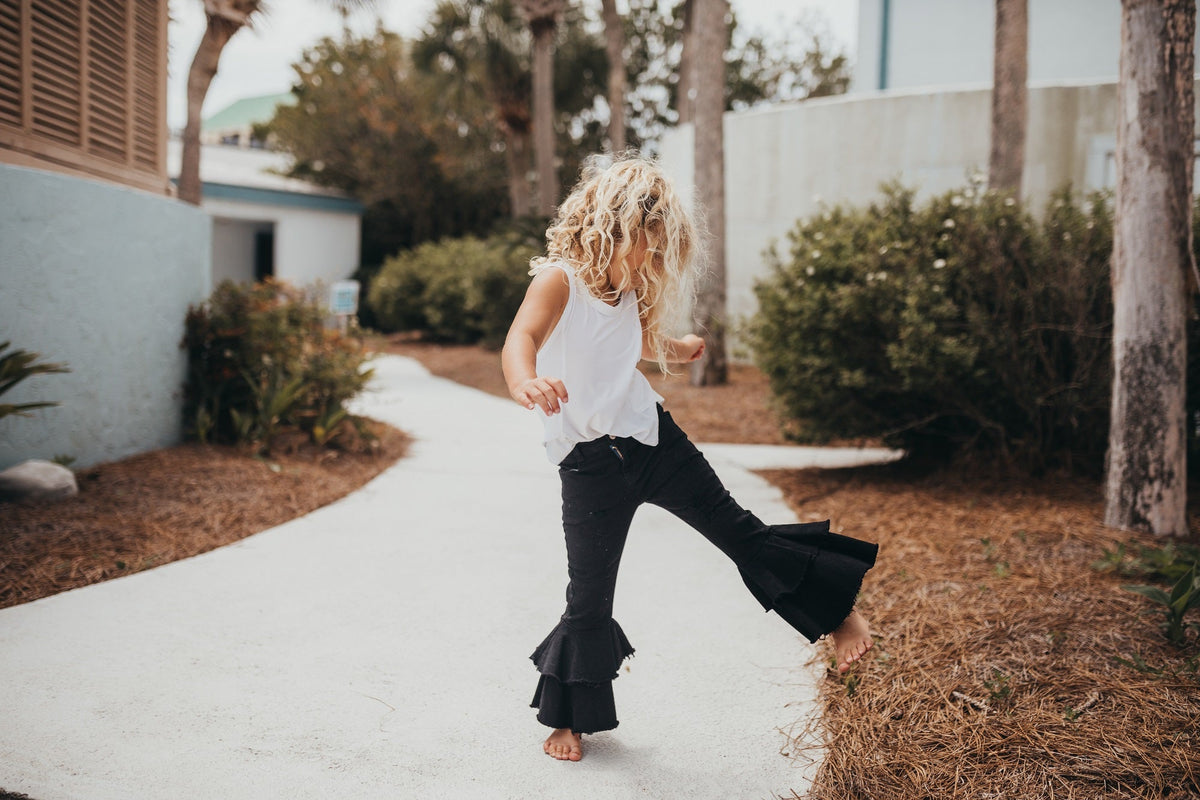 Black Denim Double Ruffle Pant