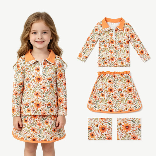 Long sleeves mustard floral pullover skirt girls outfits