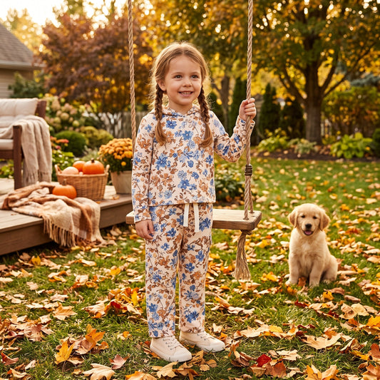 Long sleeves blue floral hoodie pants kids girls outfits