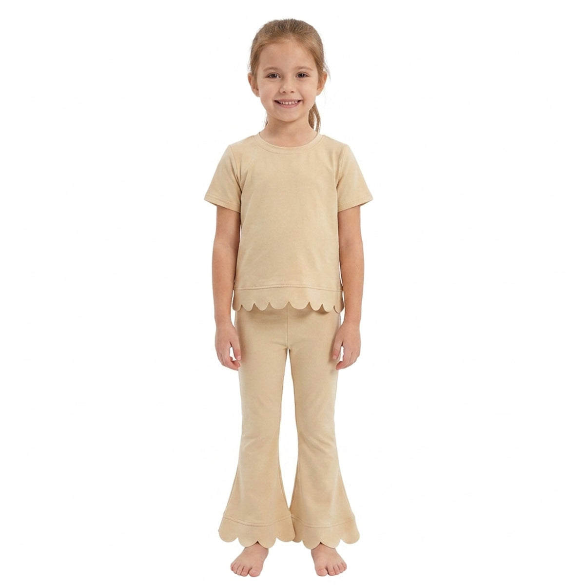 Short sleeves scallop beige cotton top pants girls outfits
