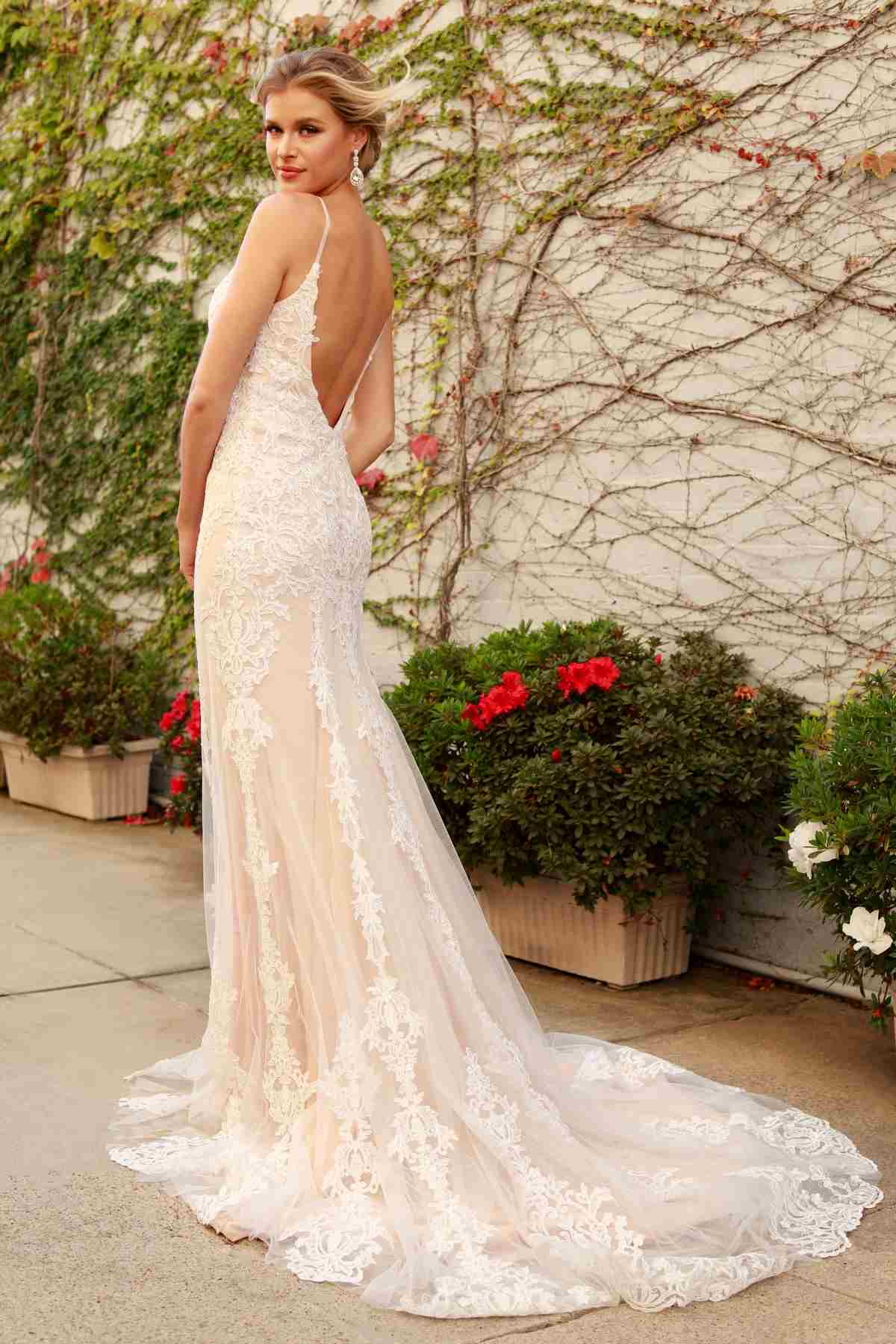 Spaghetti Strap V-Neckline Long Lace Wedding Gown