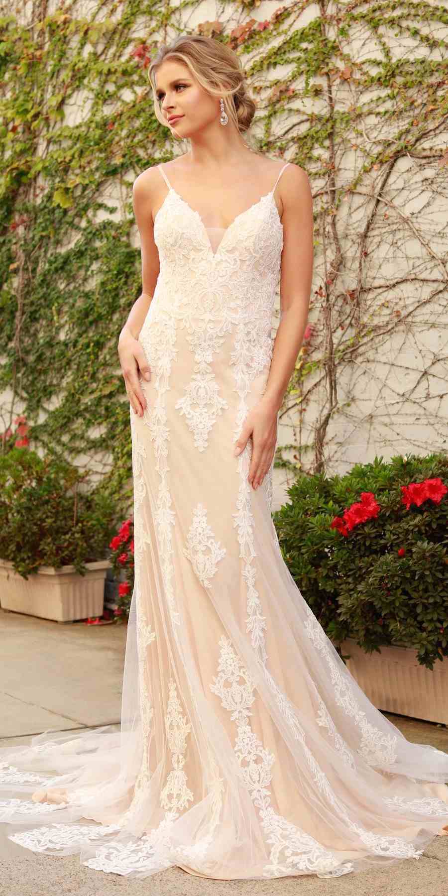 Spaghetti Strap V-Neckline Long Lace Wedding Gown