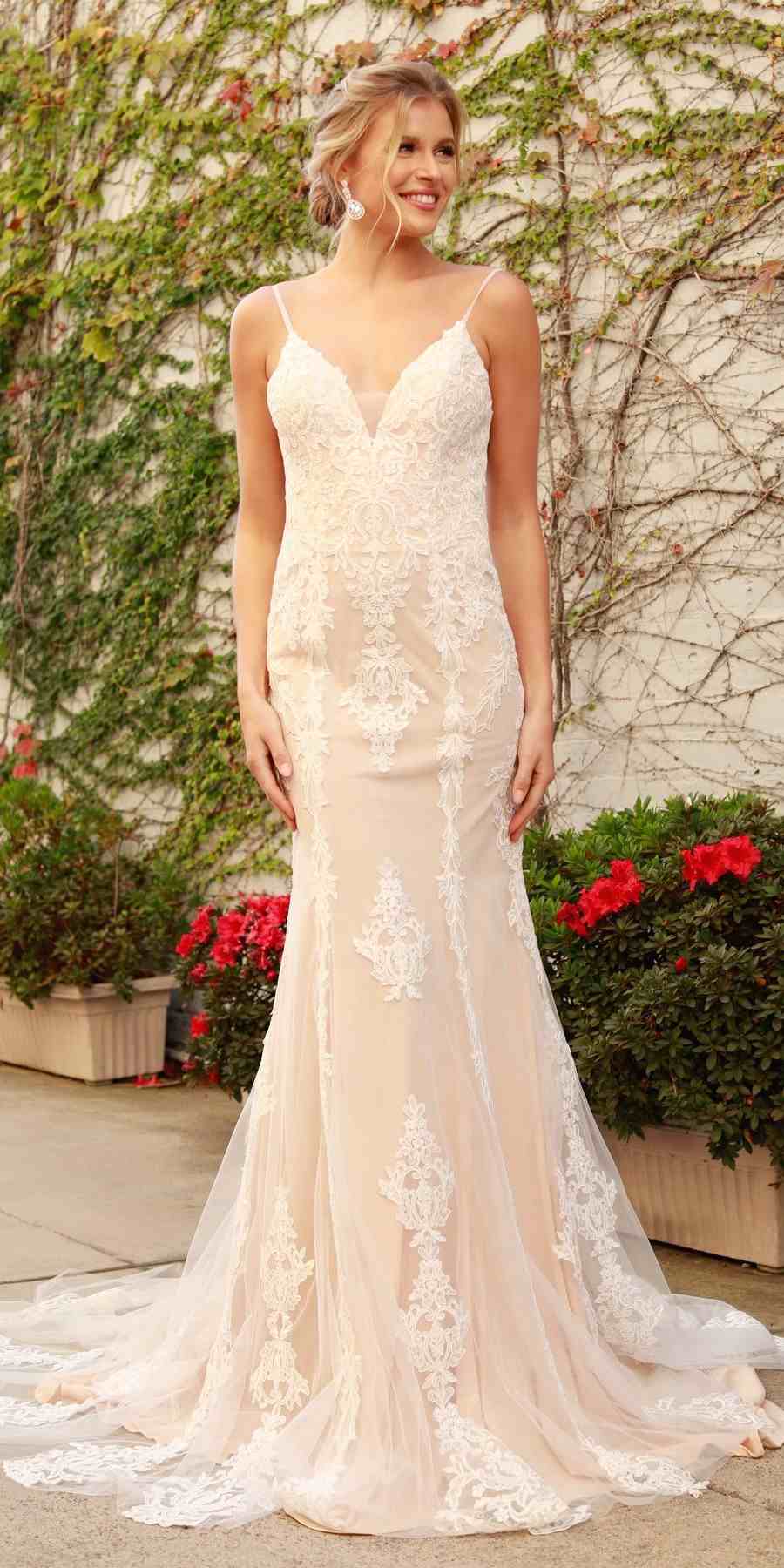 Spaghetti Strap V-Neckline Long Lace Wedding Gown