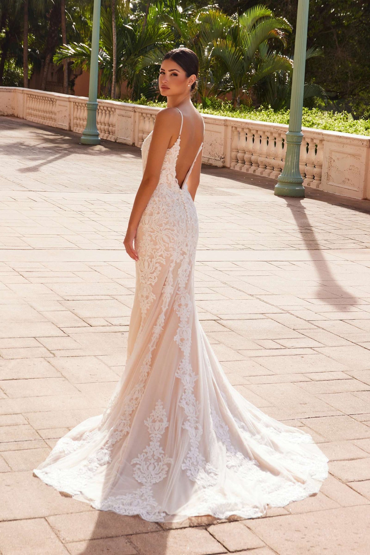 Spaghetti Strap V-Neckline Long Lace Wedding Gown